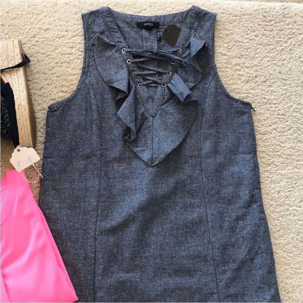 Chambray, Ruffle Front Sleeveless Dress in Indigo - Picture 2 of 5